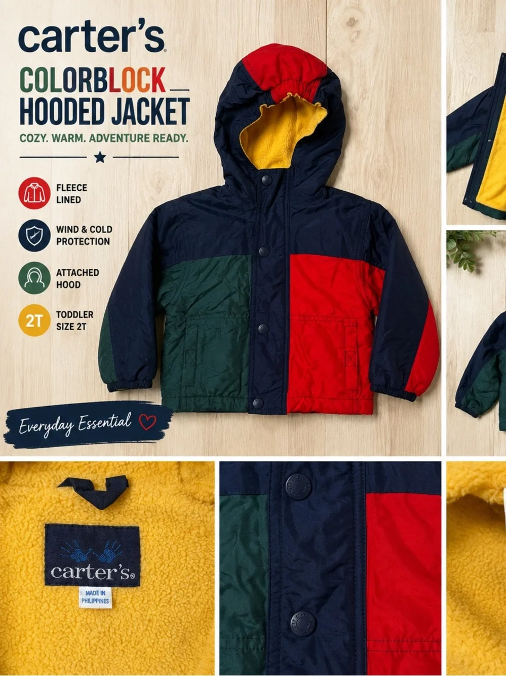 Carter’s Vintage 2T Colorblock Hooded Fleece Lined Jacket Red Navy Green Coat